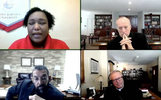 America Media's Gloria Purvis moderates a conversation on polarization with San Diego Cardinal Robert McElroy; Brownville, Texas, Bishop Daniel Flores and Winona-Rochester, Wisconsin, Bishop Robert Barron. (NCR screenshot)