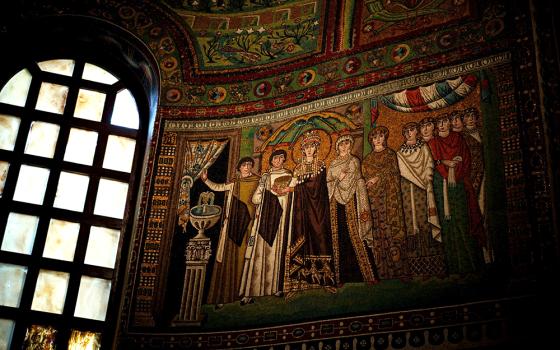 A mosaic of the liturgical procession of Theodora and her imperial court located at the Church of San Vitale, in northwestern Ravenna, Italy. (Wikimedia Commons/O0OKO0o)
